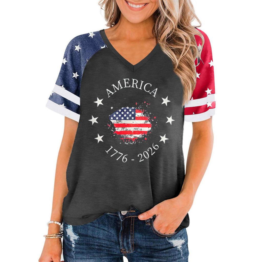 Women Casual V Neck Short Sleeve Pullover T Shirt Independence Day Graphic Print Top Loose Fit Comfortable Summer Tee
