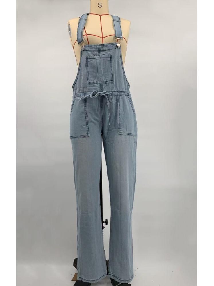 Damenmode Jumpsuit mit Kordelzug: Locker geschnittene Denim-Latzhose mit Schnürungsdetails