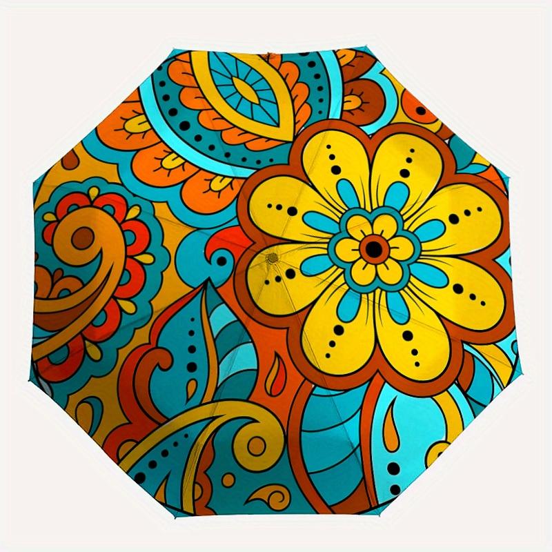 1pc Floral Mandala Design Automatic Open/Close Umbrella, Umbrella with cartoon Design, Portable Compact Umbrella for Men & Women, Good Holid