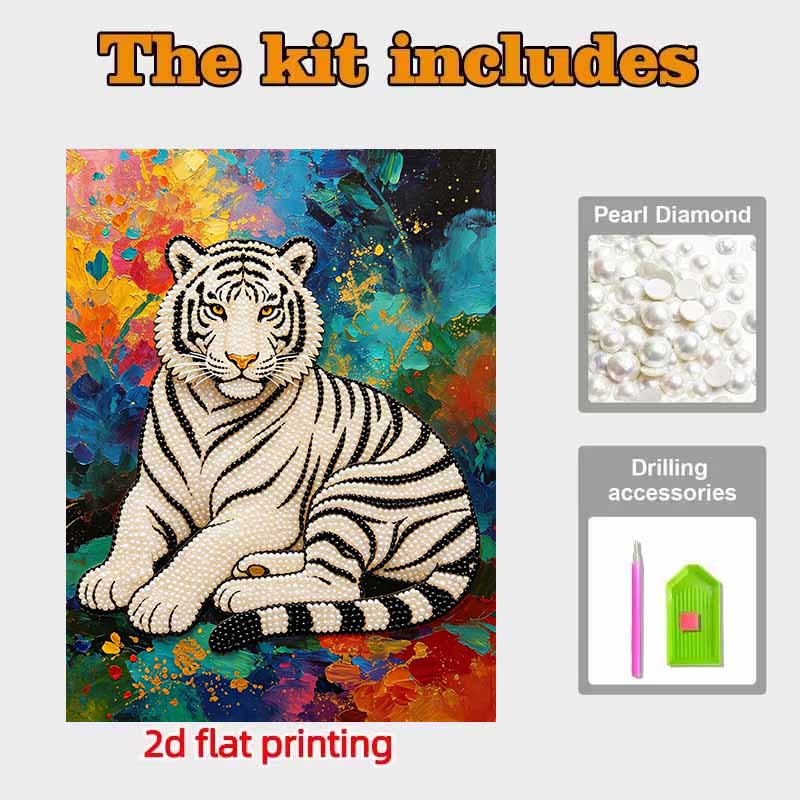 Pearl Painting Art Painting Kit for Adults and Beginners, White Tiger Sparkling Painting Craft Home Wall Decor Handmade Gift Art Pieces