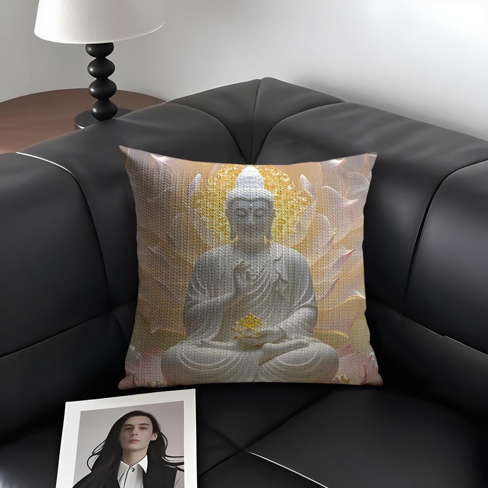 Buddha Statue And Lotus Cushion Cover Natural Linen Organic Fabric DoubleSided Printing Sofa Home Decor Gift Pillow Case