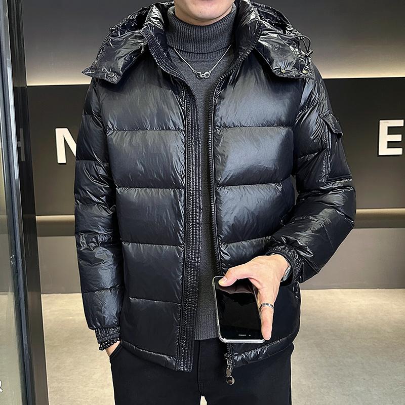 

Короткие зимние парки с капюшоном, водонепроницаемые, мужские, утепленные, с длинным рукавом, куртка-кардиган, новые глянцевые пуховики, мужские модные куртки M чёрный