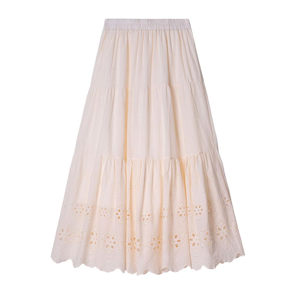 Sanfter und süßer, hohl bestickter Pendel-A-förmiger Rock, weißer Rock, Frühling und Sommer 2025, neuer hoch taillierter mittellanger und langer Rock