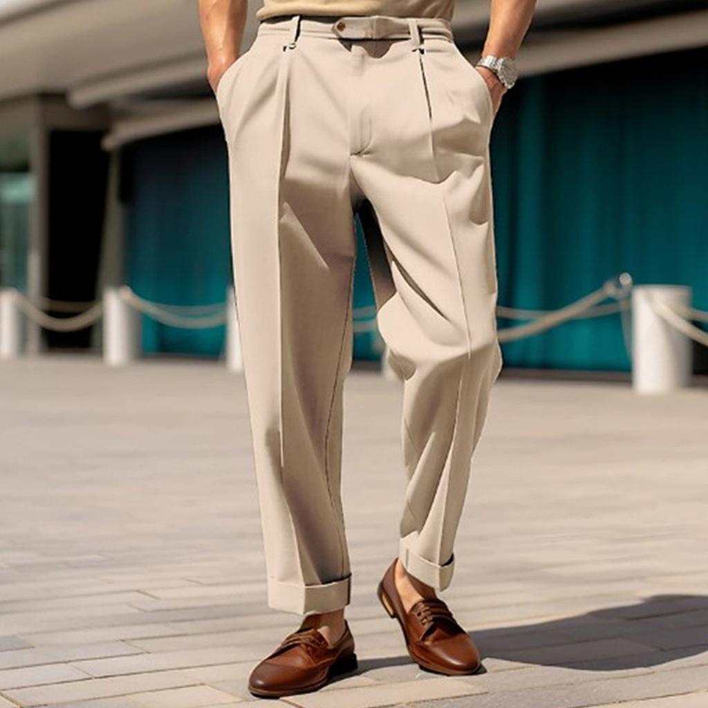 Men's Button Tapered Suit Pants Classic-Fit Pleated Dress Pant Lightweight Straight-Legs Men Trousers