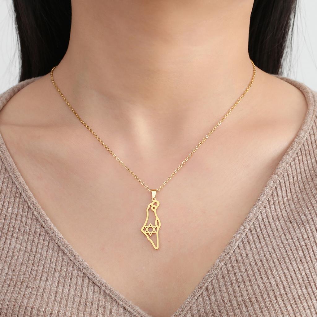 Lemegeton Hollow Out Je Israel Hexagram Map Pendant Necklace Stainless Steel Pendant Necklace Men's and Women's Jewelry Gift