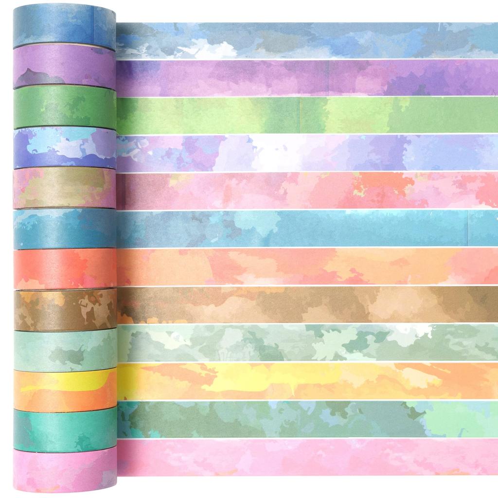YUBX Masking Watercolor Washi Tape with Pastel Cloud Perfect for DIY Gift and Gift Decorations Tape, 12-Piece Set, Pattern, Crafts, Journals,