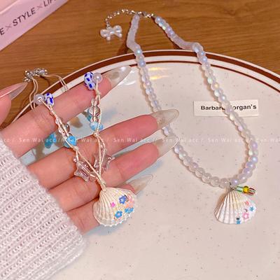 Starfish Shell Pearl Color Beaded Necklace Women's Seaside Vacation Wind Collarbone Chain Temperament Sweet and Cool Neck Chain