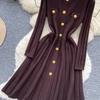 Autumn Winter High Waist Knitted Umbrella A-line Dresses 2025 New Buttons O-neck Long Sleeve Loose Sweater Dress Female