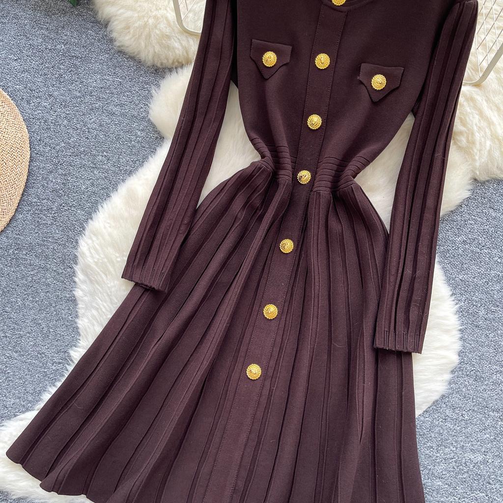 Autumn Winter High Waist Knitted Umbrella A-line Dresses 2025 New Buttons O-neck Long Sleeve Loose Sweater Dress Female