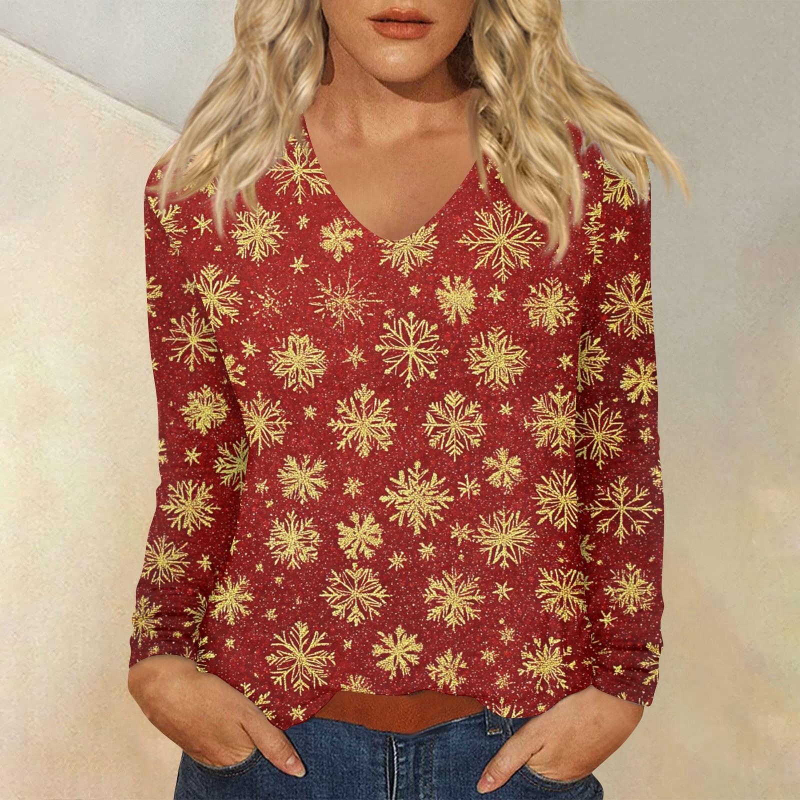 

Женский повседневный повседневный топ с длинными рукавами и рождественским принтом и V-образным вырезом S