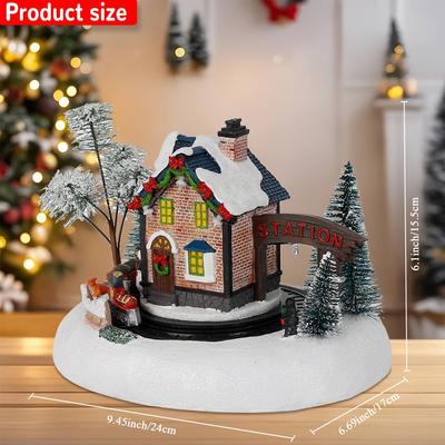 Kerstdorp Treinstation Animatie Voorgelicht Hars Verzamelspeelgoed Gebouw Figurine met Draaiende Trein Kersttafereel Binnen