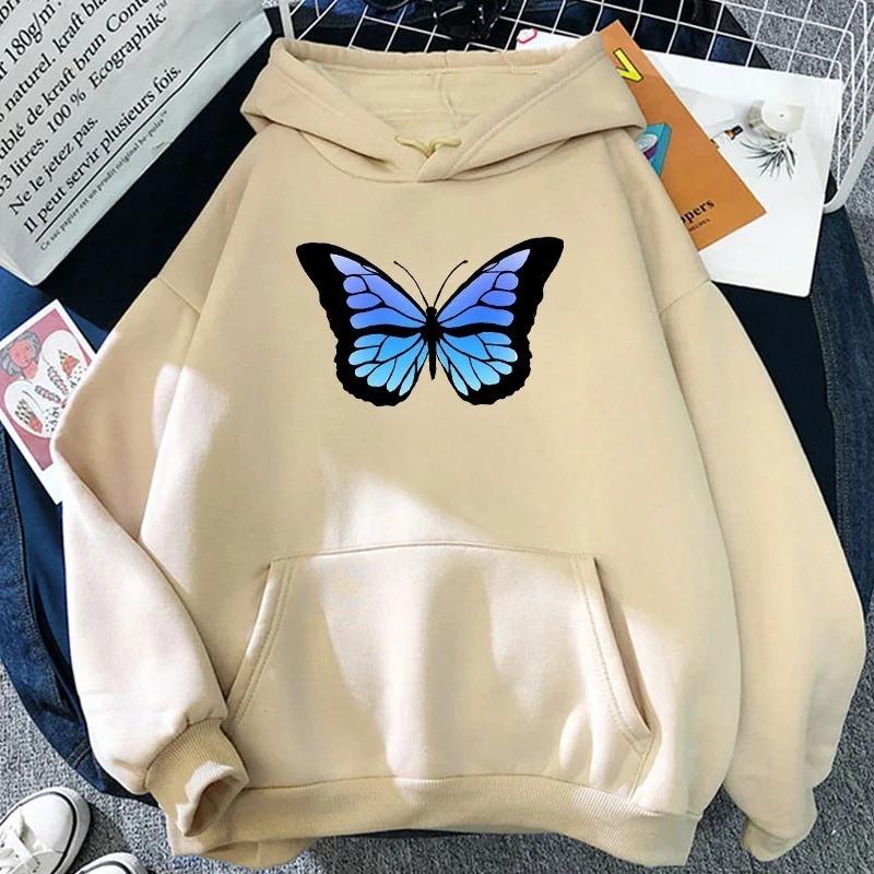 Korean Butterfly Hoodie Harajuku Streetwear Trend Gradient Graphic Print Women Oversize with Pocket Long Sleeve Aesthetic Hoodie