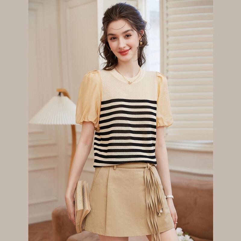Bailuyu French Elegant Color-block Stripe Puff Sleeve Knit Top M