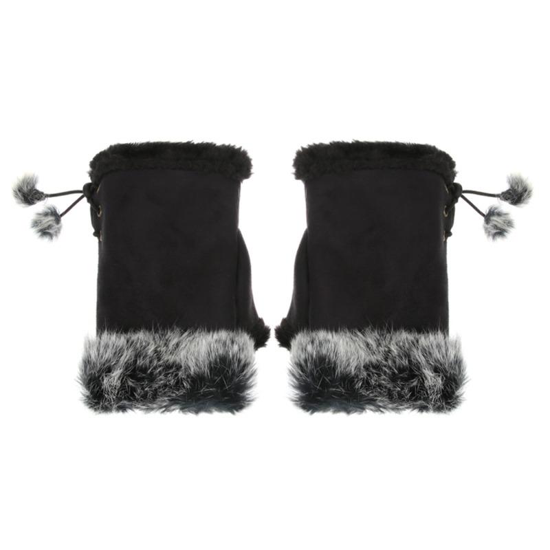 Women's Winter Faux Rabbit Fur Gloves - Fashionable Fingerless Mittens With Faux Leather Wrist Warmers 