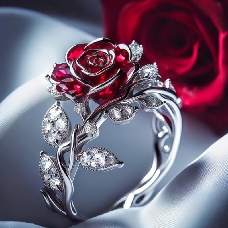 Luxurious Sparkling Zircon Red Rose Flower Ring, Suitable As A Jewelry Gift for Valentine's Day Parties To Give To Girlfriends