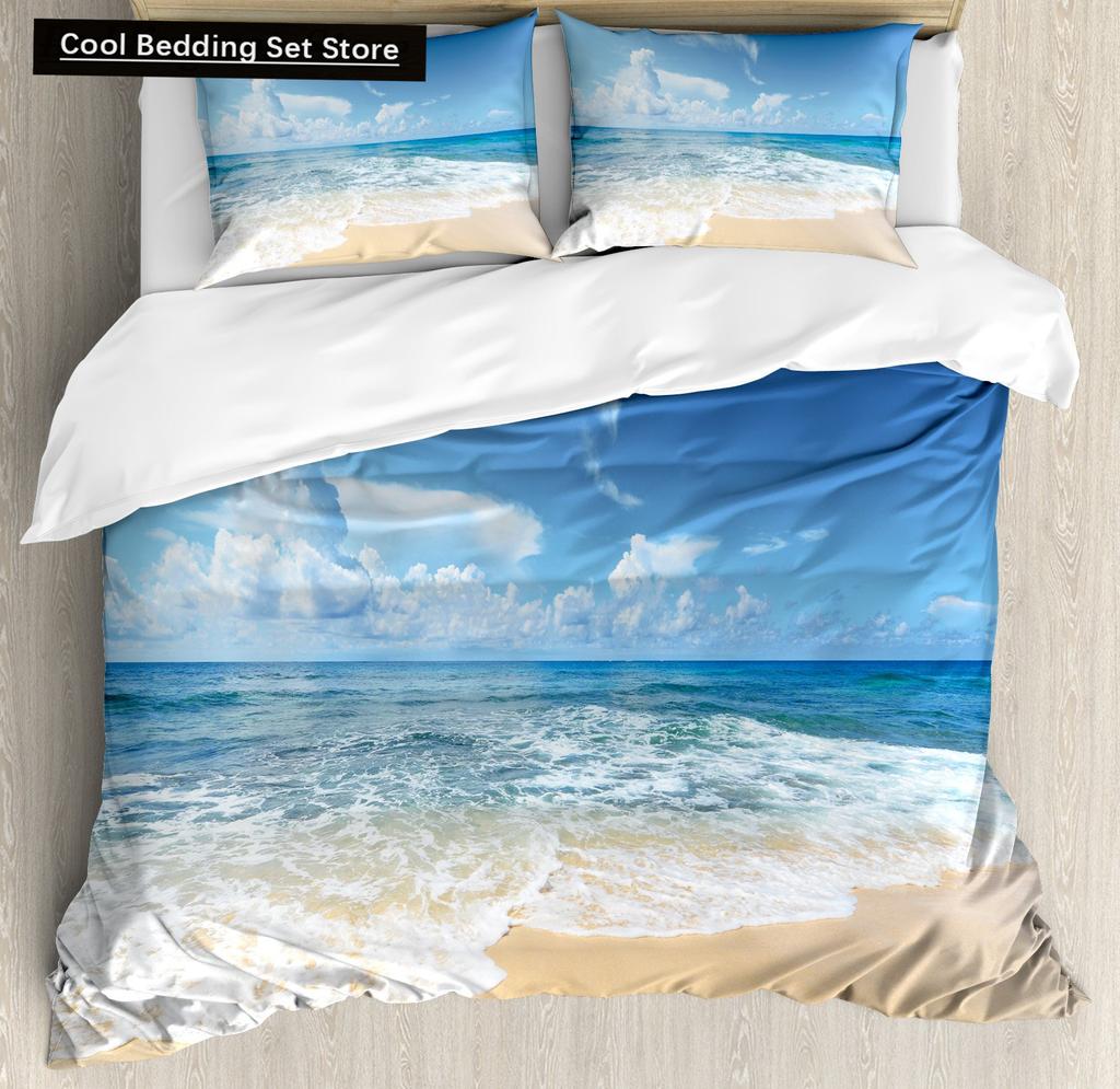Summer Beach King Queen Duvet Cover Blue Ocean Fish Bedding Set Hawaiian Sea Palm Trees Quilt Cover Marine Life Comforter Cover