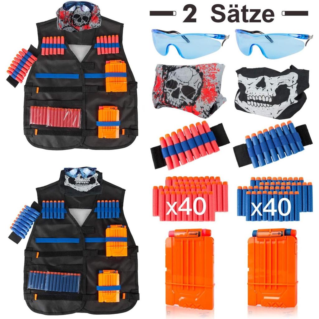 2 komplekti Kids taktikaline vest, lahinguvesti komplekt Nerf Guns N-Strike Elite jaoks koos 2 randmepaelaga, 2 klambriga ajakirja, 2 kaitseprillid, 2 pealuumaski, 80 noolt