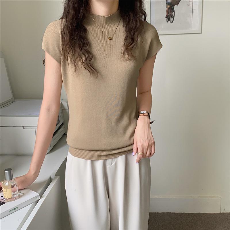 Ice Silk Knitted Short-sleeved Top Women's Semi-turtleneck Slim Knitted Sweater Women's Shirt Base Outer Wear Short Summer