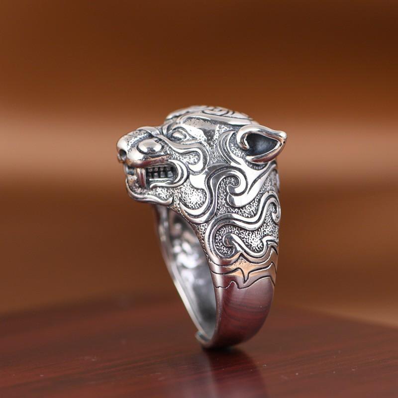 Adjustable Vintage Tiger Head Ring Men Women Copper Plated Retro Geometric Statement Band