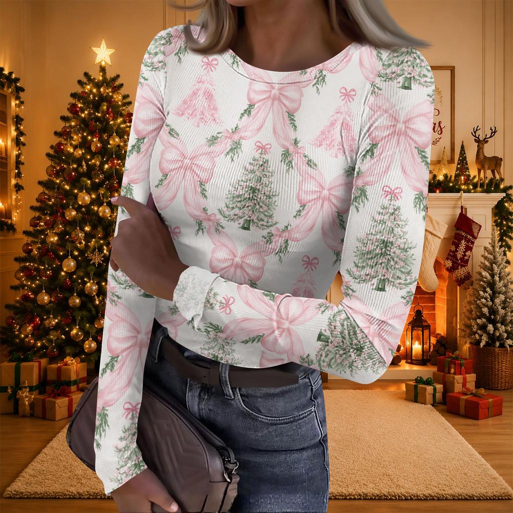 Women's Casual Christmas Print Long Sleeve Ribbed Neck Top