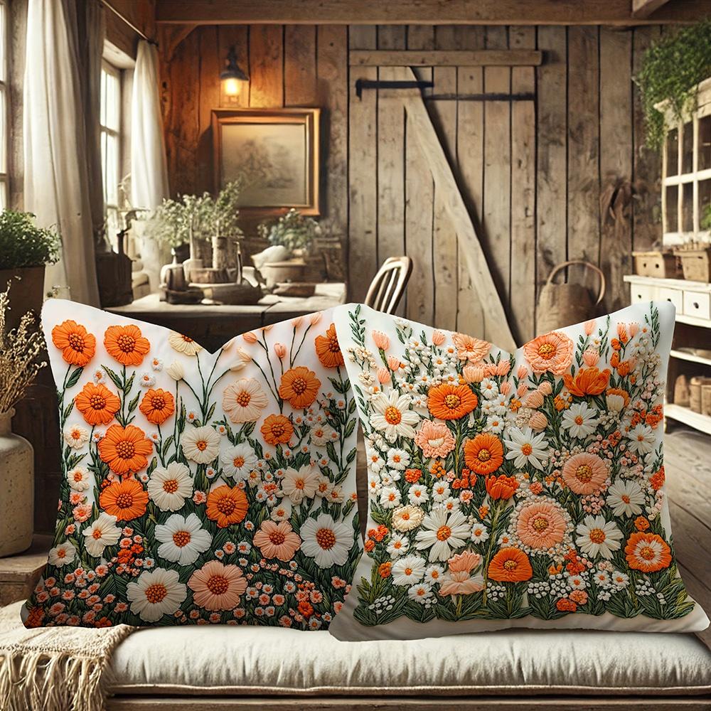 Blumen-Präge-Kissenbezüge: Lebendiges Orange und Weiß Blumenarrangement Sofakissenbezug Wohnzimmer Dekoration 2D Flachdruck