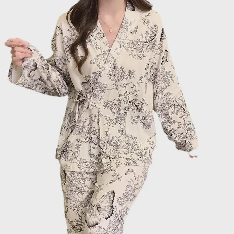 Women's Kimono Pajamas: Spring/Autumn Japanese Style V-Neck Cardigan with Long Sleeves & Trousers, Cute and Sweet for Home Wear