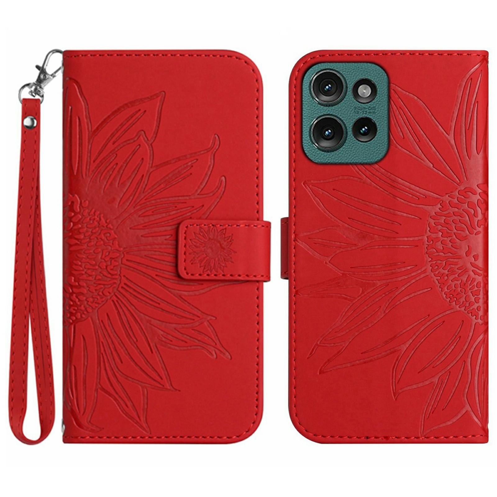 

Для Motorola Мото G 5G (2025) Чехол Кожаный кошелек с подсолнухом и ремешком на запястье Red