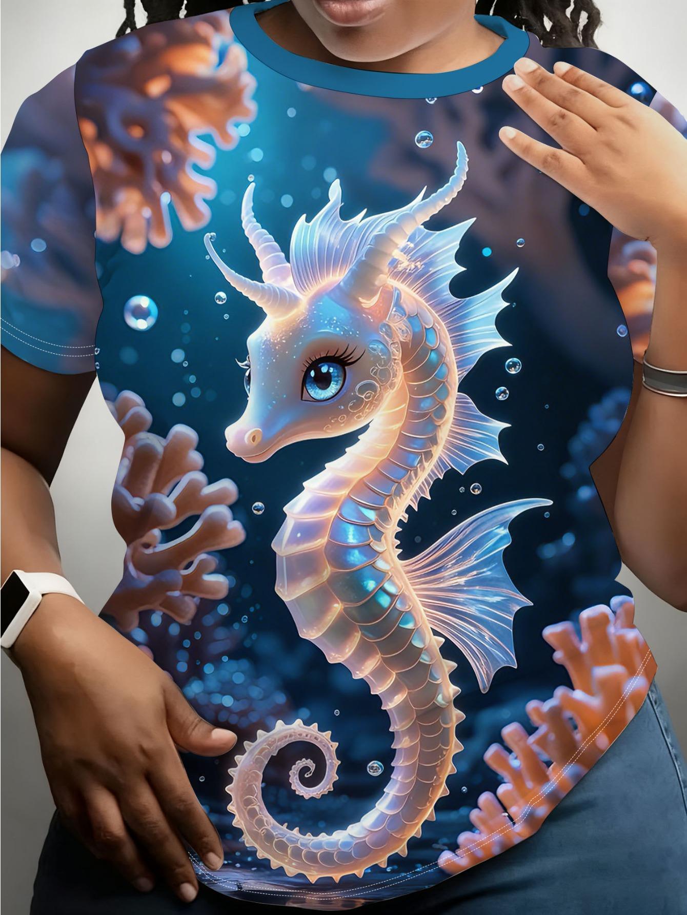 

Women s Large Size Round Neck T-Shirt - Soft Comfortable Suitable for Casual Attire ; Gifts. Summer Casual Blouse Top with Seahorse ; Coral Bubble Blu 2XL дубильная кора