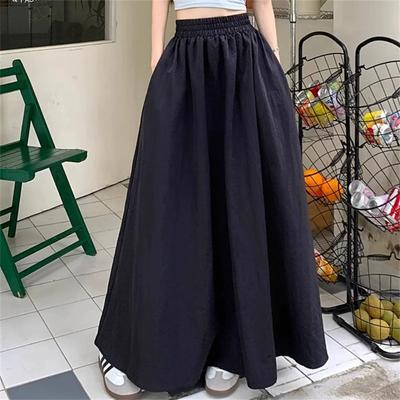 Women Retro Pockets A Line Long Skirt Ladies Casual Loose Elastic High Waist Midi Skirt Spring Summer Skirt