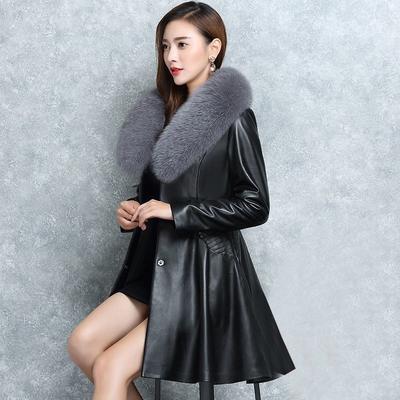 Haining Leather Jacket Fur Women's Medium and Long Imitation Fox Fur Collar with Cotton Slim and Thin Leather Coat Tide