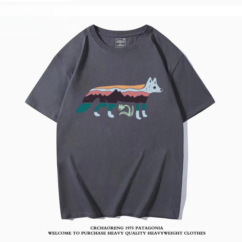 Summer New Bata Outdoor Forest Style Fox Print Round Neck Short Sleeved Men's and Women's Japanese Trend T-shirt for Couples