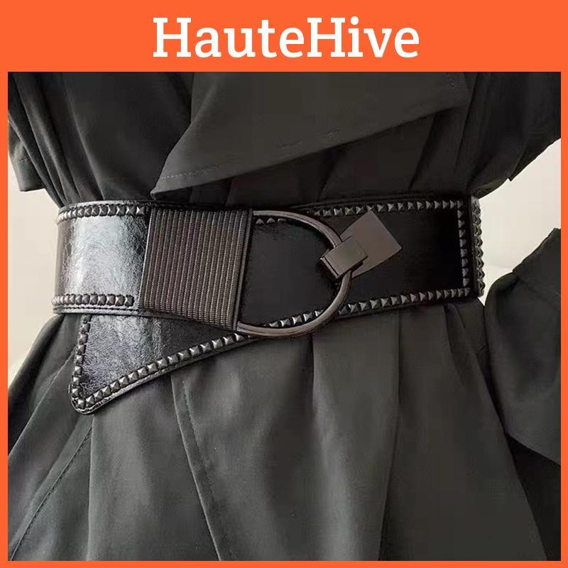 Punk Style Wide Elastic Waist Belt With Rivets Decorative Fashion For Women