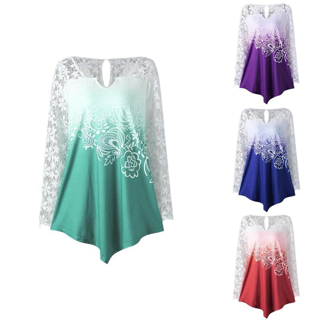 Stylish Plus Size Fashion Blouse For Women Featuring Sexy Lace And Ombre Print