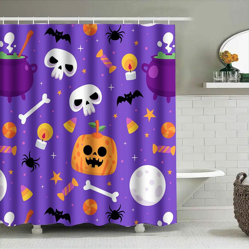 Halloween-Themed Shower Curtain Featuring Pumpkin Candy Skull Design For Bathroom Decor