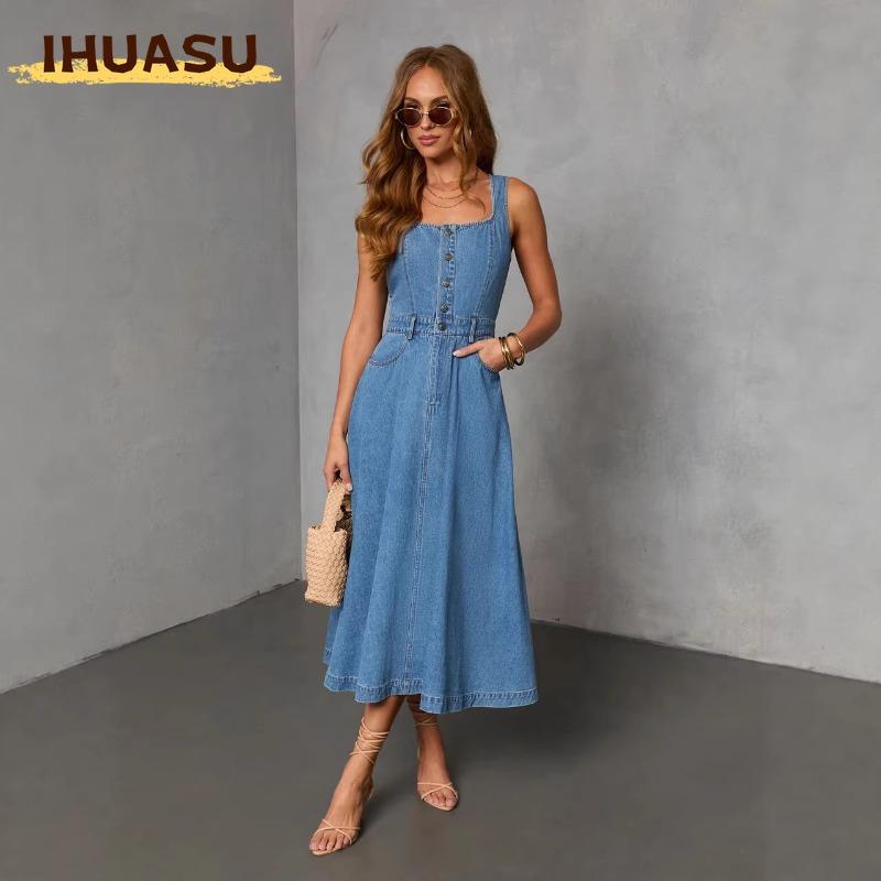 IHUASU Abiti casual da estate e primavera, tinta unita, stampa, senza maniche, con scollo quadrato