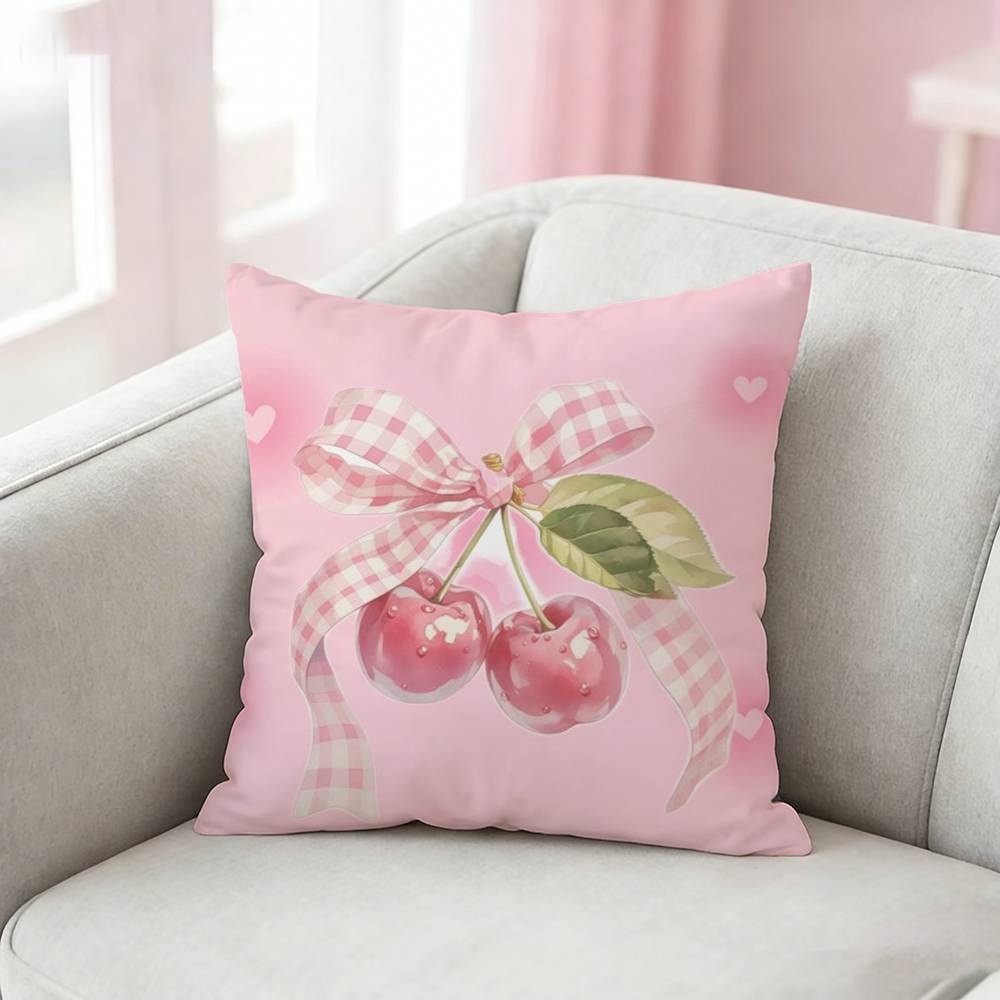 Pink Bow Cherry Pattern Pillow Case For Sofa Living Room Home Office Decor Protective Cover