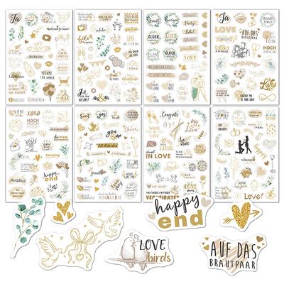 230 adesivos transparentes para scrapbooking com tema de casamento (8 folhas cada), ideais para decorar livros de assinaturas e trabalhos manuais.
