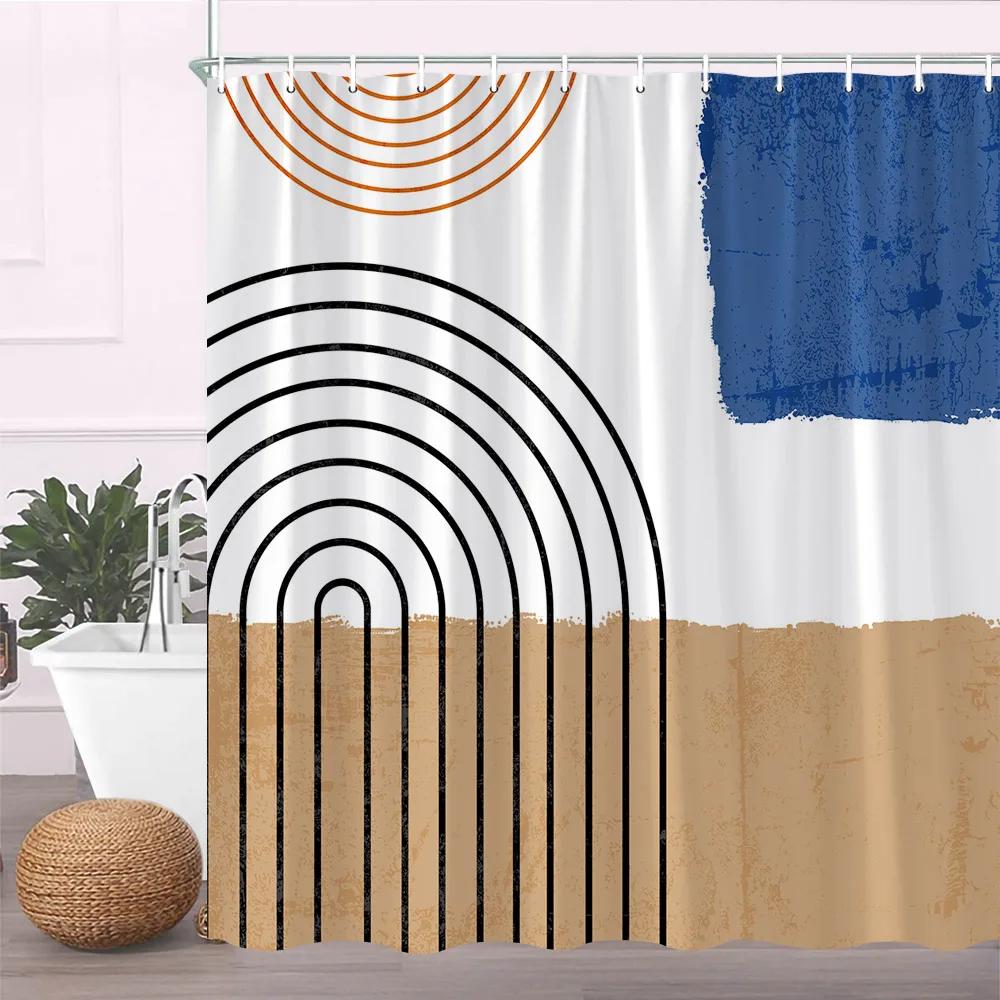 Modern Black Shower Curtain Set With Hooks-Black And White Shower Curtain For Bathroom Fabric Geometric Bath Curtains With Hooks