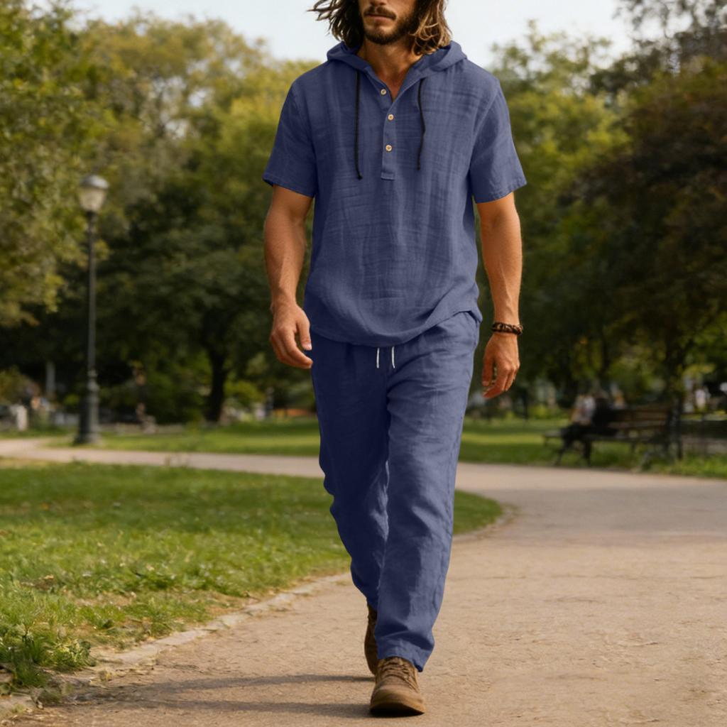 Men's Linen Casual Set , Button  Shirt Elastic Waist Drawstring Loose,Fit Pants Comfortable Two,Piece Set