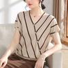 Mom Summer Striped Short Sleeved Ice Silk Knitted T-shirt Women's V-neck Top Thin
