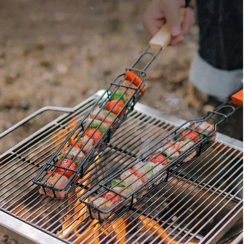 Outdoor Holzgriff Grill Käfig Camping Fleisch und Gemüse Grill Net Rack Picknick Grill Werkzeuge
