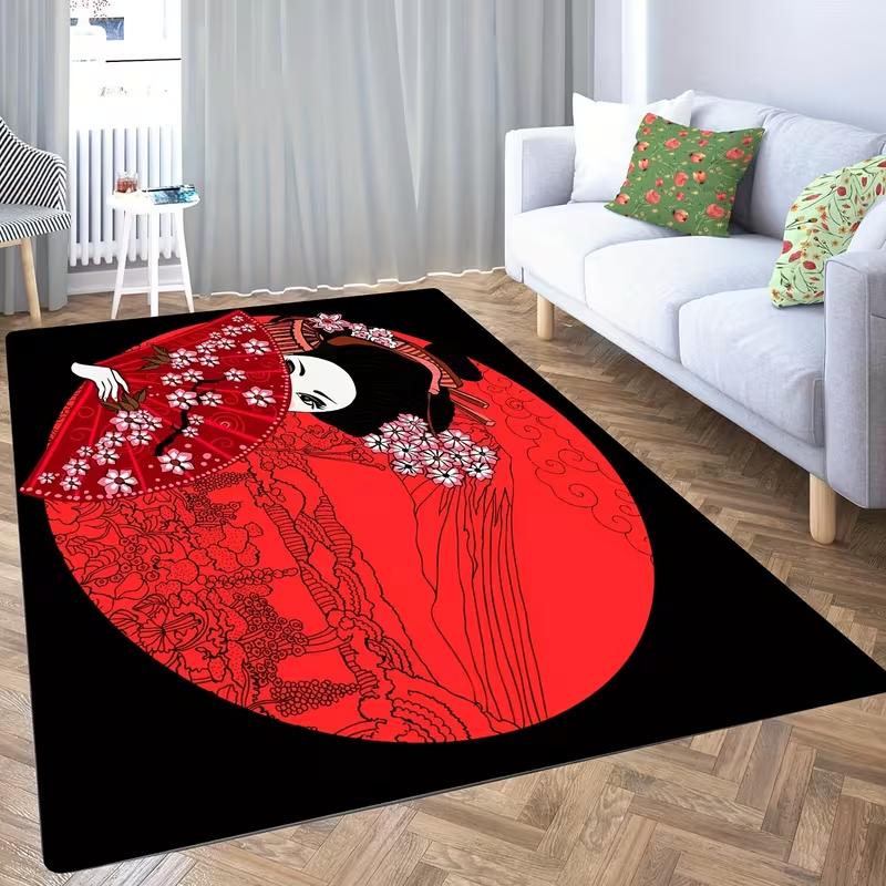 Flannel Floor Mat 3D Printed Red Moon Japanese Cherry Blossom Tower Decorative Mat Living Room Bedroom Area Living Room Carpet