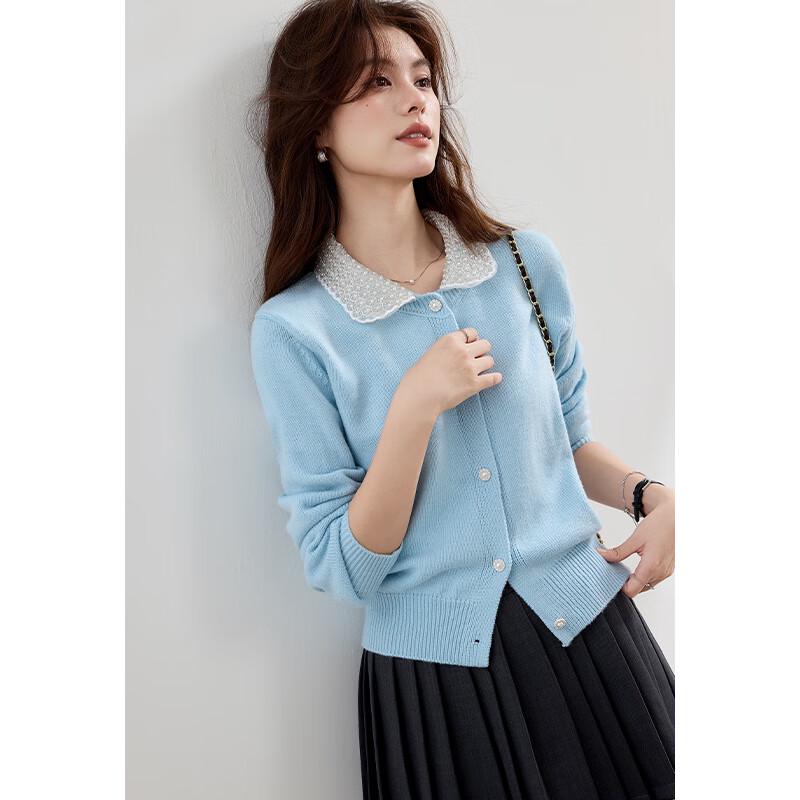 VICTORIA&VERA Women's Long-Sleeve Pearl Trim Doll Collar Wool Blend Cardigan