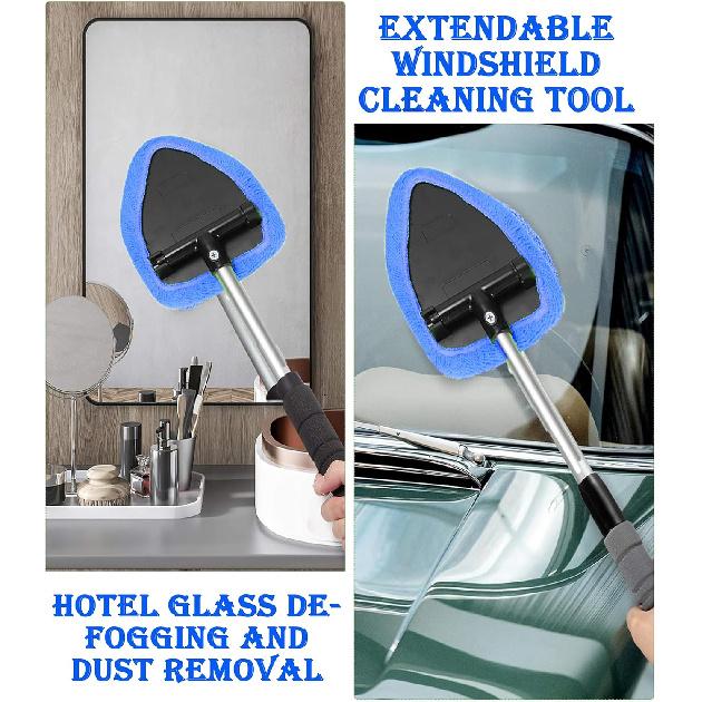 Windshield Cleaner Tool With Reusable Microfiber Pads - Car Window Glass Wiper Kit With Extendable Handle for Cleaning (1, Blue)