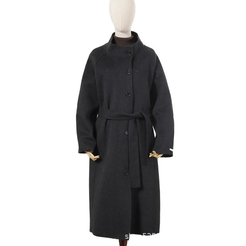 New autumn and winter solid color stand-up collar wool double-sided woolen coat medium and long lace-up thin wool coat women's coat