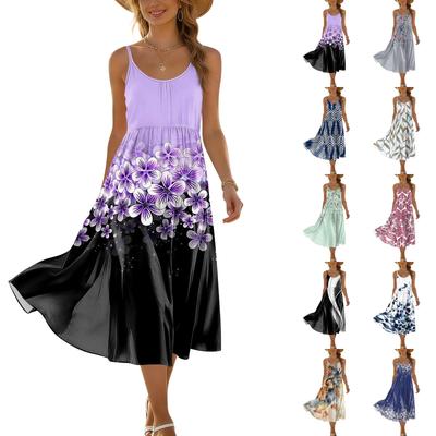 Women's Summer Fashion Printed Pocket Adjustable Shoulder Strap Bohemian Leisure Beach Resort Strap Dress