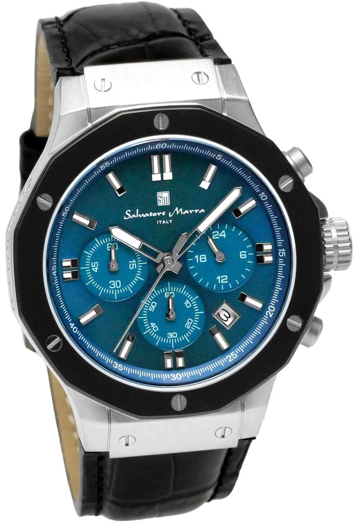 Pánské chronografy s vodotěsným koženým řemínkem, 10 ATM, limitovaná edice k 20. výročí, modrá, zelená, černá [Salvatore Mara] SM18117-SSBLGR