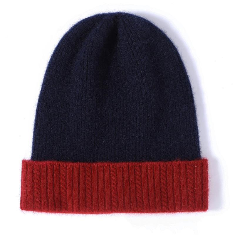 Unisex 100% Cashmere Color Block Knit Hat with Ear Protection One Size