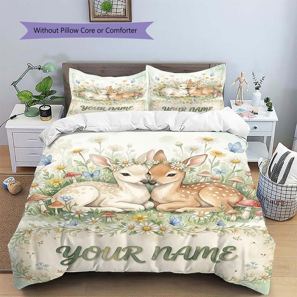 Custom Name,Watercolor Twin Woodland Animal Pattern Bedding Home Decoration Birthday Gift ( 1 duvet cover + 2 pillowcase, without core),fan merchandis