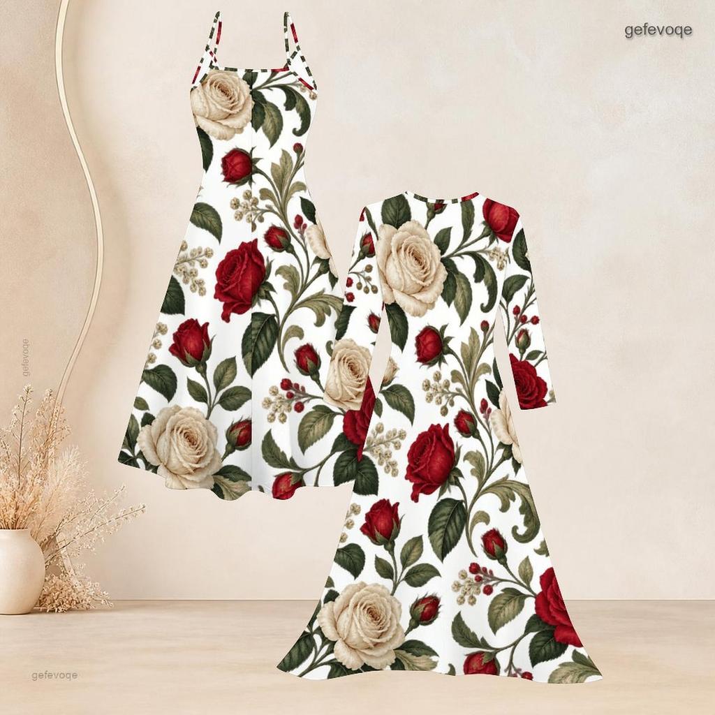 Women Plus Size Floral Print 2 Piece Set V Neck Strappy Flared Dress Long Sleeve Open Front Cardigan